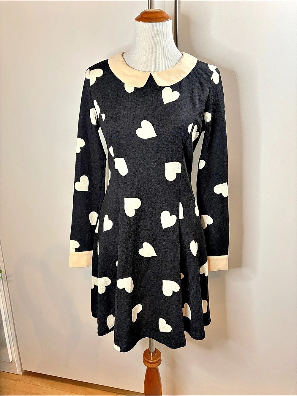 Allegra K Heart Print Peter Pan Collar Long Sleeve A-Line Dress Mini Dress Black